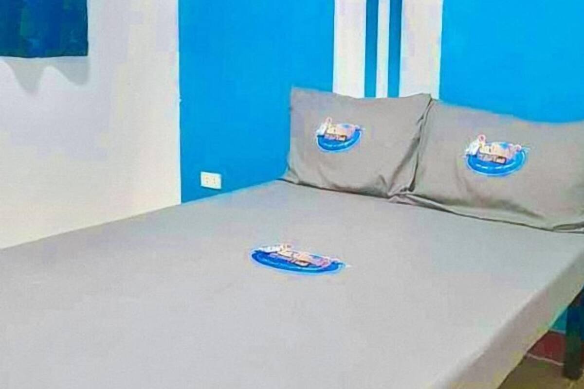 Un llit individual amb un matalàs i coixins gris, cadascun amb un logotip. La habitació té parets blaves i un sostre blanc.