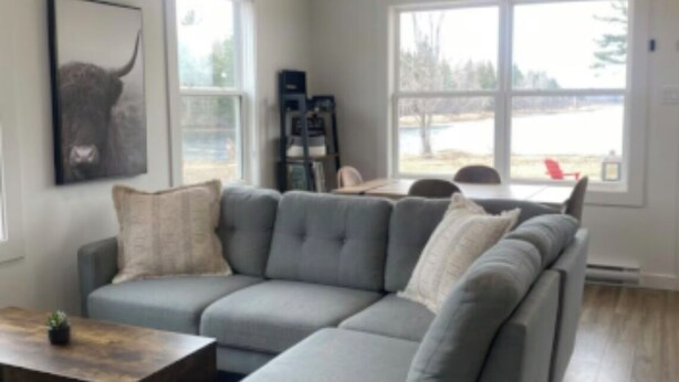 A modern living room with a grey sectional sofa, a wooden coffee table, and a bull-themed artwork on the wall. - Waterfront tiny home with hot tub (Pet friendly, near beaches) (Richibucto-Village)