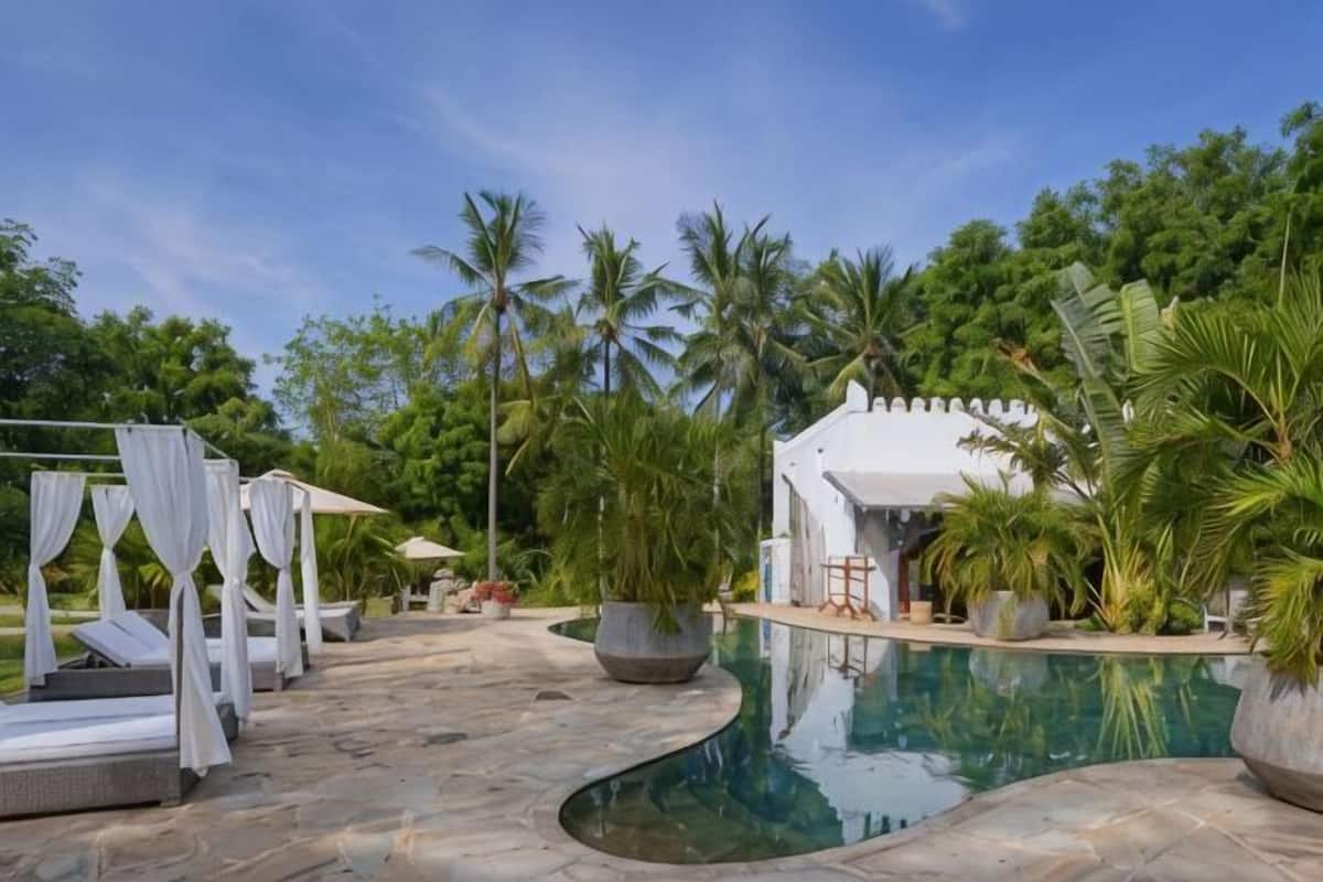 A pool area with lounge chairs, a small building, and palm trees.