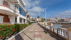 Un paseo marítimo con un camino de baldosas, barandillas blancas y vista al mar.