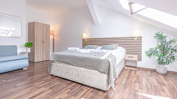 A bedroom with a bed, a sofa, a desk, a lamp, and a plant.