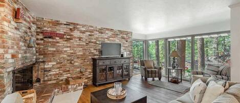 TV, lareira, livros, escritórios