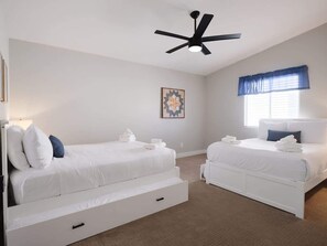 4 bedrooms, desk, iron/ironing board, travel cot
