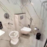 Shower, rainfall showerhead, slippers, bidet