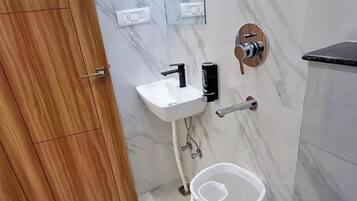 Shower, rainfall showerhead, slippers, bidet