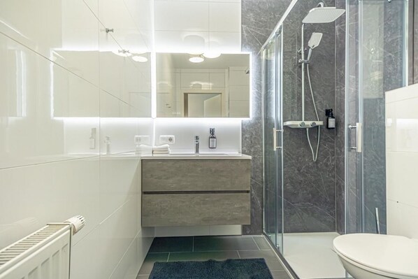 Douche, séchoir à cheveux, serviettes fournies, savon