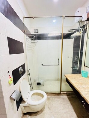 Combined shower/tub, soap, shampoo, toilet paper