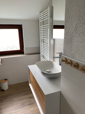 Shower, hair dryer, towels