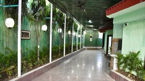 A corridor with a tiled floor, green walls, and potted plants. - Poonam Villas (New Delhi)