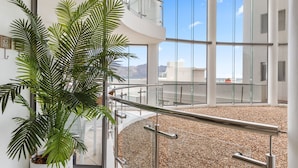 Ein modernes Interieur mit einer großen Kübelpflanze, einer Glastrennwand und Blick ins Freie.