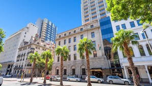 Una calle con palmeras, edificios históricos y rascacielos modernos.