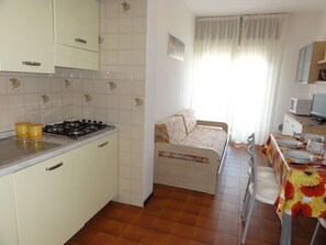 Fridge, microwave, stovetop, cookware/dishes/utensils