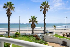 A coastal view with palm trees, a beach, and a road with parked cars. - 14 Cap D'azur (Cape Town)