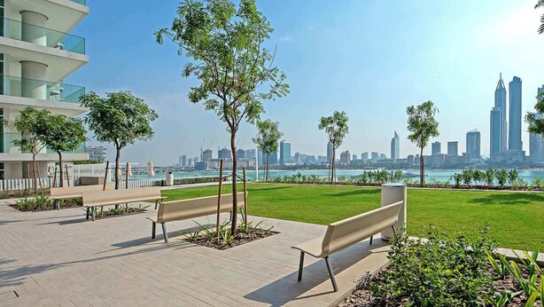 Un espacio exterior moderno con bancos y árboles, con vistas a un horizonte urbano y al agua.