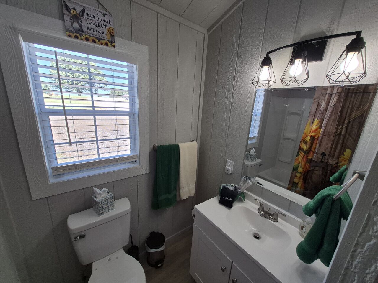 Une salle de bain avec des toilettes, un lavabo et une fenêtre.