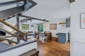 TV, fireplace, foosball, offices