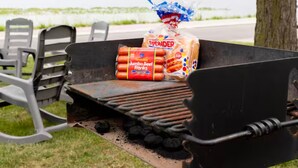A grill with hot dogs and buns, a tree, and a lake in the background.