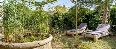A garden with a concrete planter, two lounge chairs, and a pergola structure.