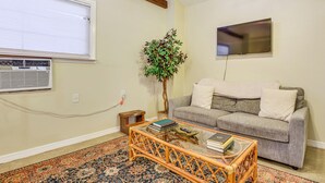 Un salon avec un canapé, une table basse, un téléviseur et une plante.