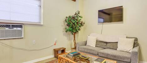 Una sala de estar con un sofá, una mesa de centro, un televisor y una planta.