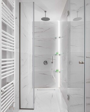 Douche, séchoir à cheveux, serviettes fournies