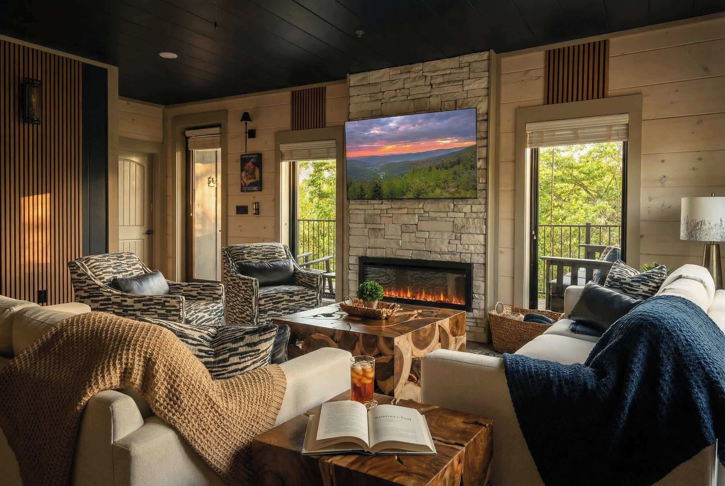 TV, lareira, videogames, livros