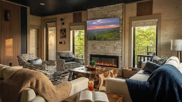 TV, lareira, videogames, livros