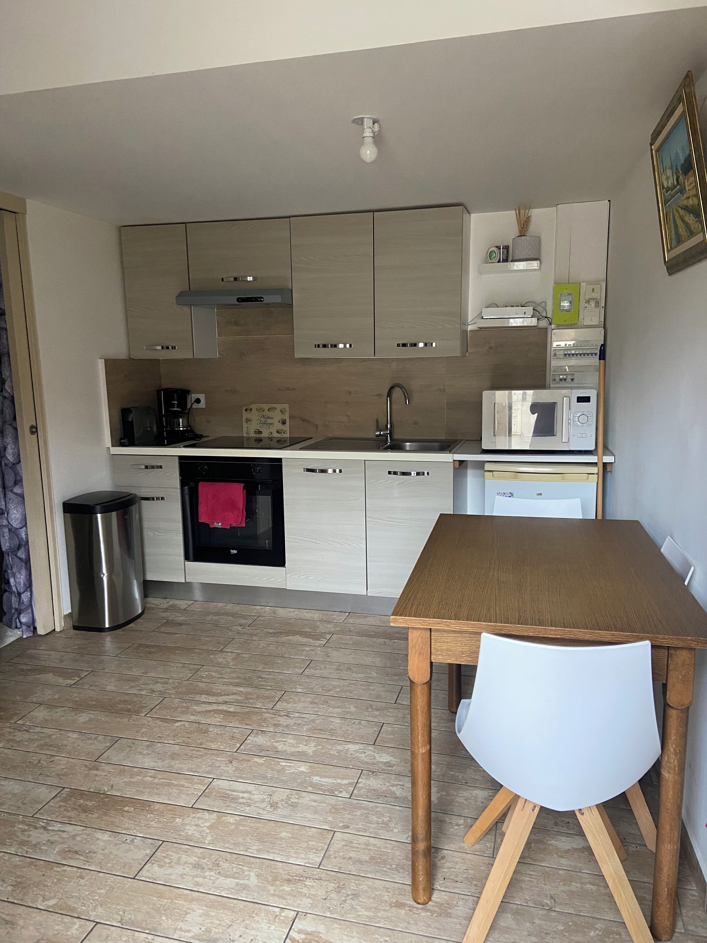 Een microgolfoven, een oven, een kookplaat