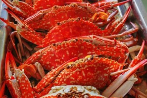 Eine Ansammlung roter Krabben, bei denen die Schalen teilweise geöffnet sind und das Fleisch sichtbar ist.