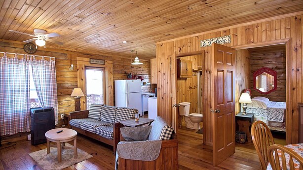 A cozy cabin interior with a wooden floor, a sofa, a dining table, a refrigerator, a sink, and a mirror.