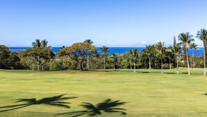 Un parcours de golf offrant une vue sur l’océan et les palmiers.