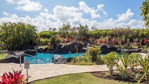 A pool area with a no diving sign, surrounded by tropical plants and a clear blue sky. - Waikoloa Beach Villas #o23 2 Bedroom Condo (Waikoloa)