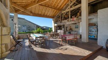 An outdoor wooden deck with tables and chairs, a covered area with a wooden ceiling, and a stone building in the background.