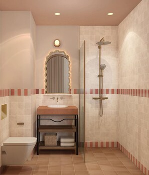 Classic Room | Bathroom | Shower, hair dryer, towels, soap - Hotel Posidonia (Nice)