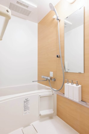 Shower, hair dryer, shampoo