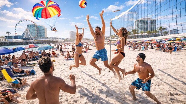 A beach volleyball game with a Ferris wheel in the background. - Wavecrest Retreat (Near Strip & Beach) (Daytona Beach)