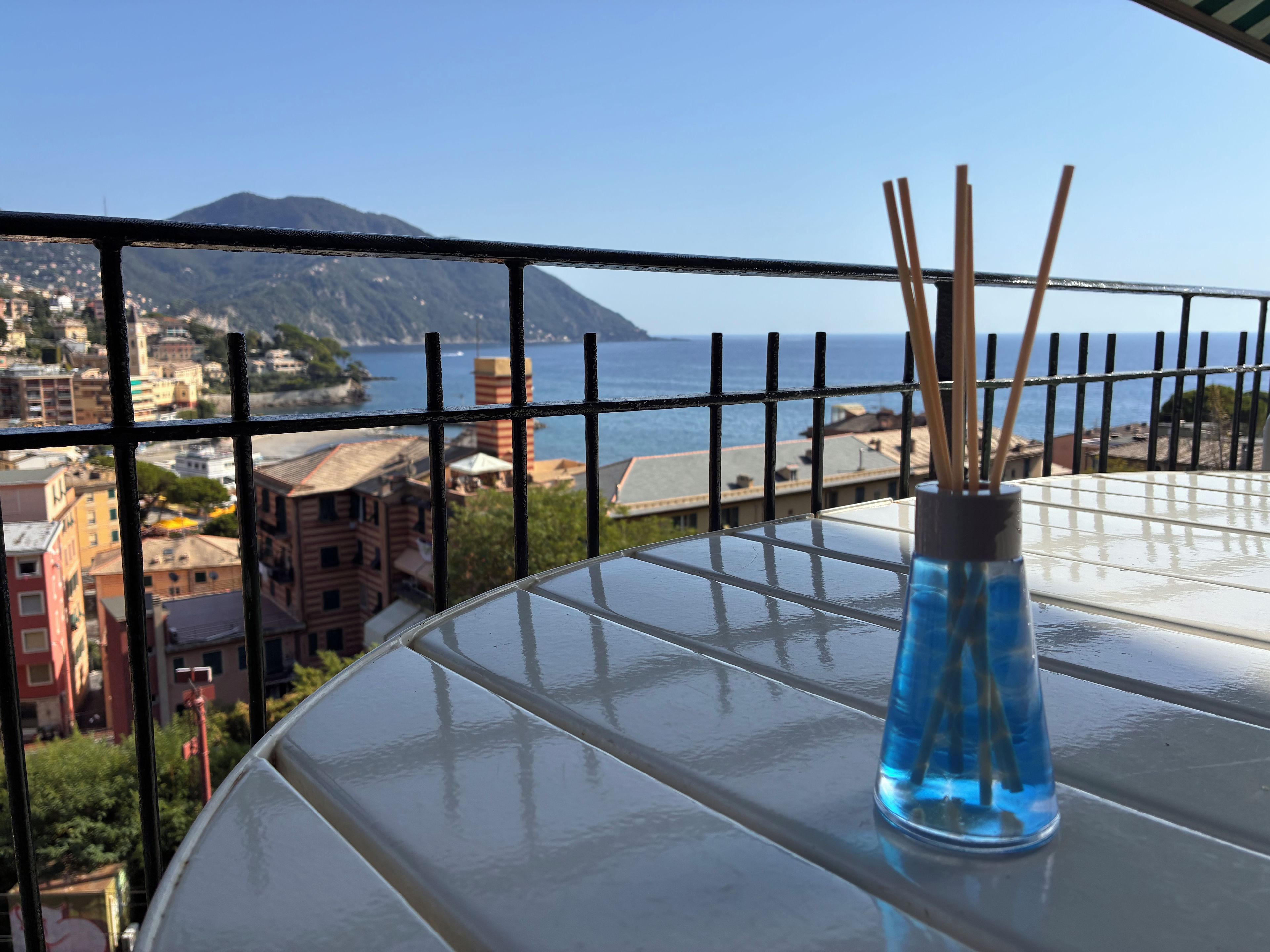 A balcony with a glass table, a vase with sticks, and a view of a coastal town and mountains.