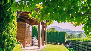 A wooden pergola structure with a stone pathway leading to a building, surrounded by lush greenery and a view of distant hills. - Nature Nest (Bran)