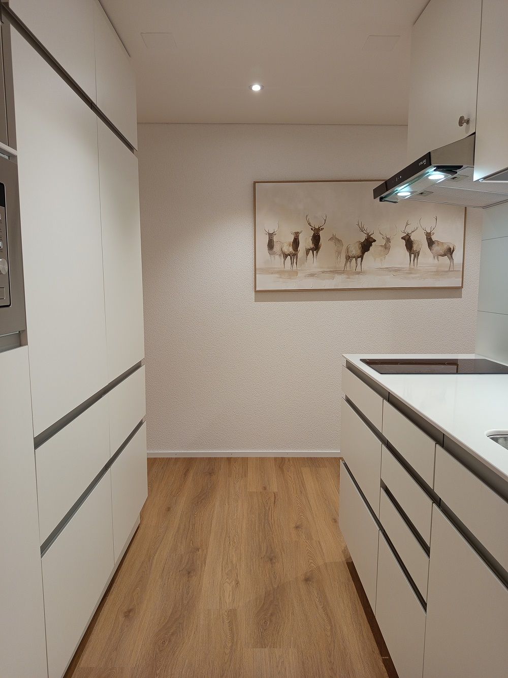 Een moderne keuken met witte kastjes, een houten vloer en een schilderij van een hert op de muur.