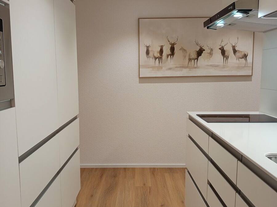 Een moderne keuken met witte kastjes, een houten vloer en een schilderij van een hert op de muur.