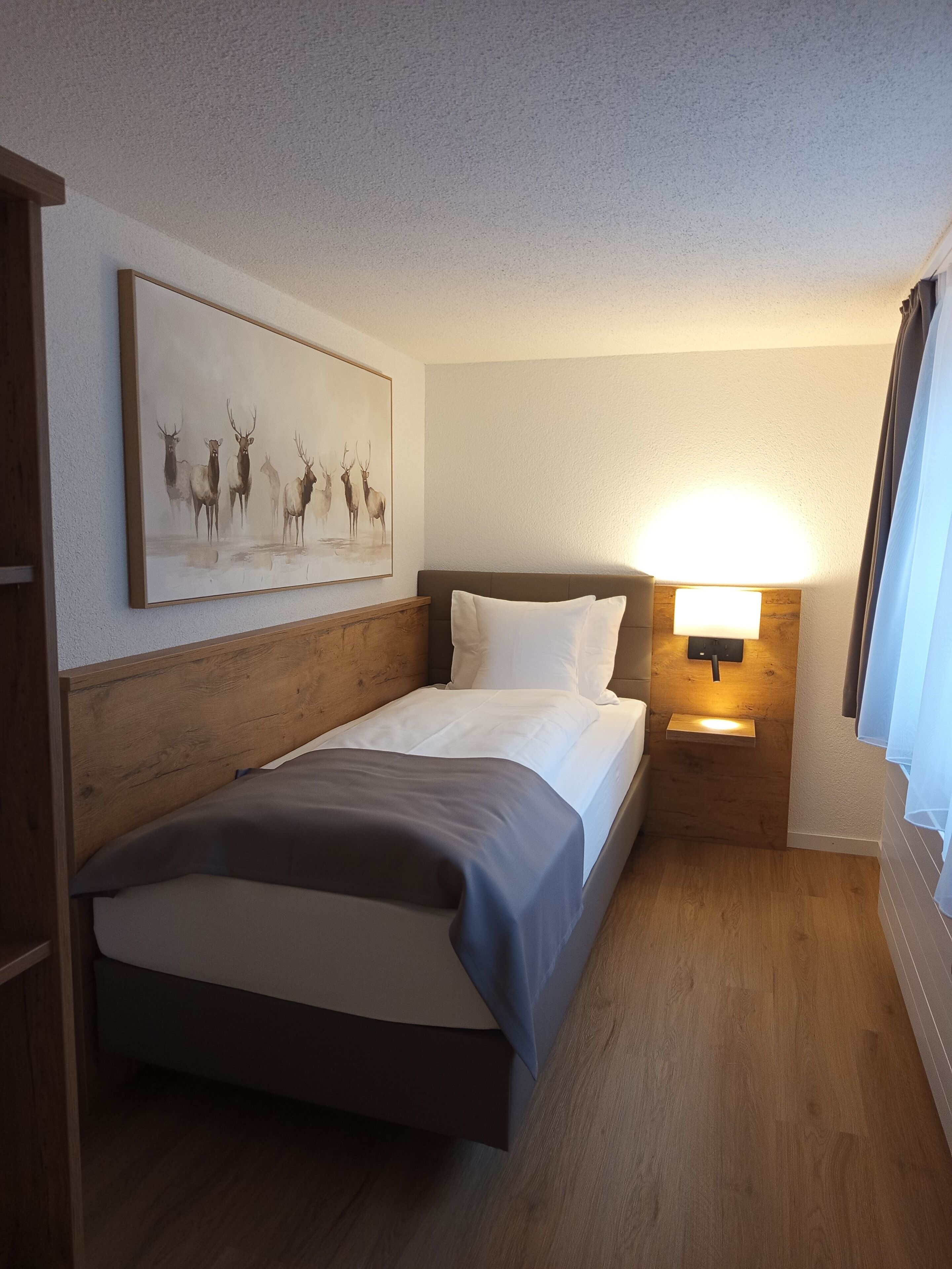 A hotel room with a wooden headboard bed, white bedding, a wall-mounted lamp, and a framed wildlife painting.