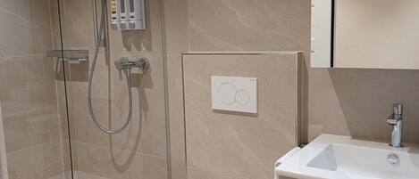 A modern bathroom with a glass-enclosed shower, a toilet, and a vanity with a sink.