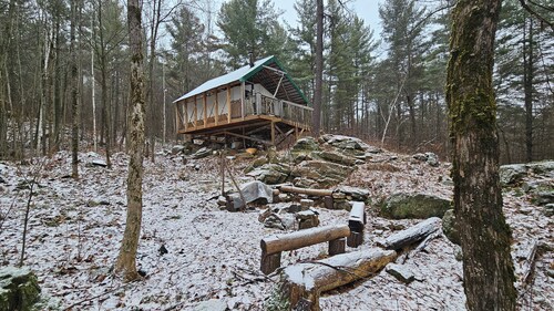 Unique cabin perched high with white pine trees
