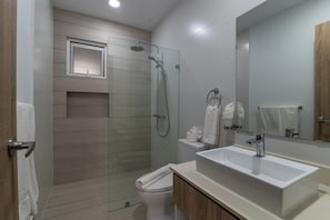 Shower, hair dryer, towels, soap
