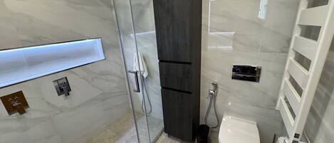 A modern bathroom with a glass shower enclosure, a toilet, and a built-in vanity with a mirror.