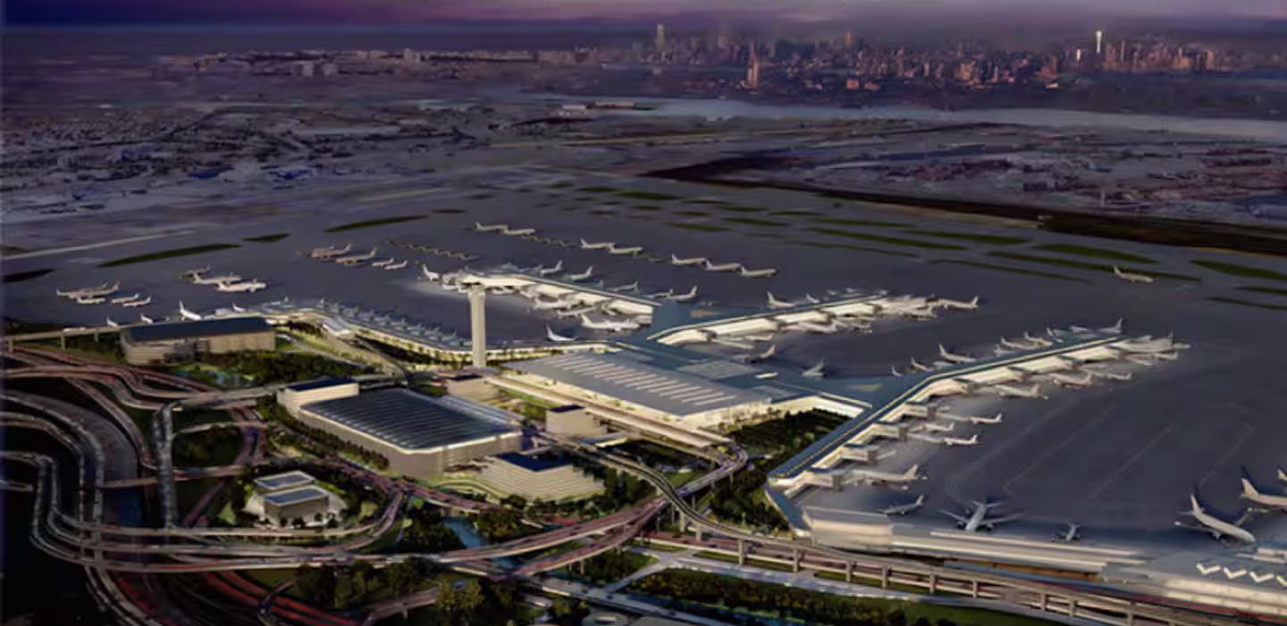An aerial view of Newark Liberty International Airport with multiple runways and terminals.