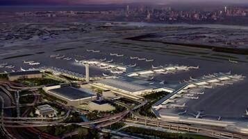 An aerial view of Newark Liberty International Airport with multiple runways and terminals.