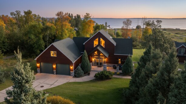 A large, dark wooden house with a steeply pitched roof, a covered front porch, and a well-maintained lawn. - NorthLong Lake/Hot Tub, Sandy Beach (Brainerd)