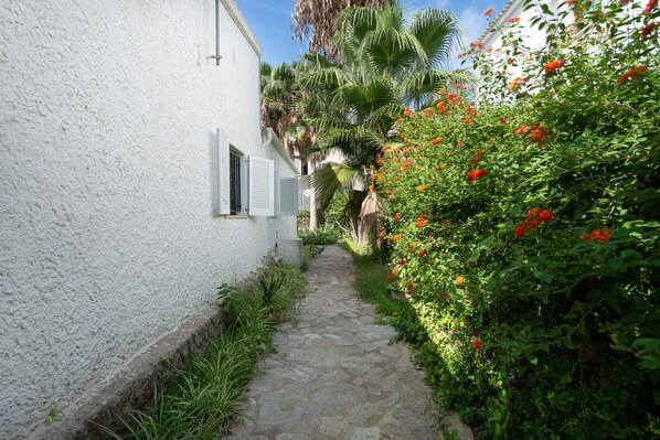 A narrow stone pathway flanked by lush greenery and a white building with shutters.
