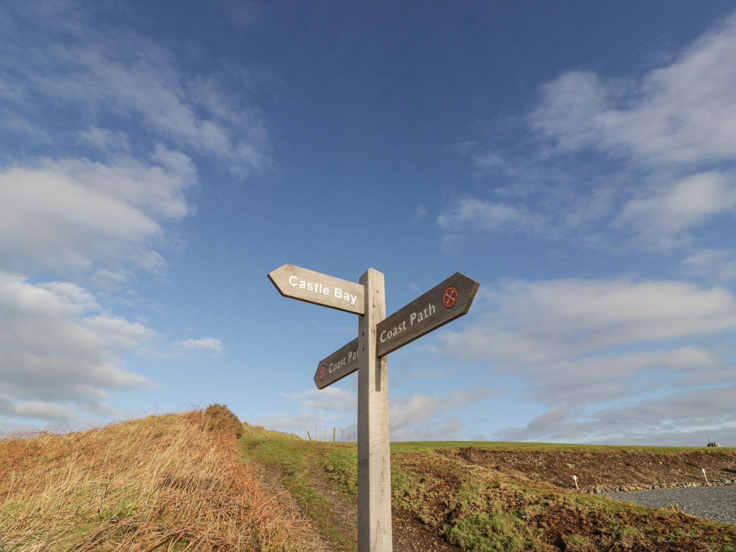Ein hölzernes Wegweiser mit Pfeilen, die in Richtung 'Castle Bay' und zum 'Coast Path' zeigen.